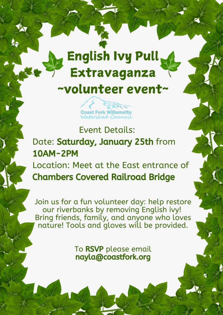 Flyer with details about the January Ivy Pull volunteer opportunity on Saturday, January 25th from 10-2pm